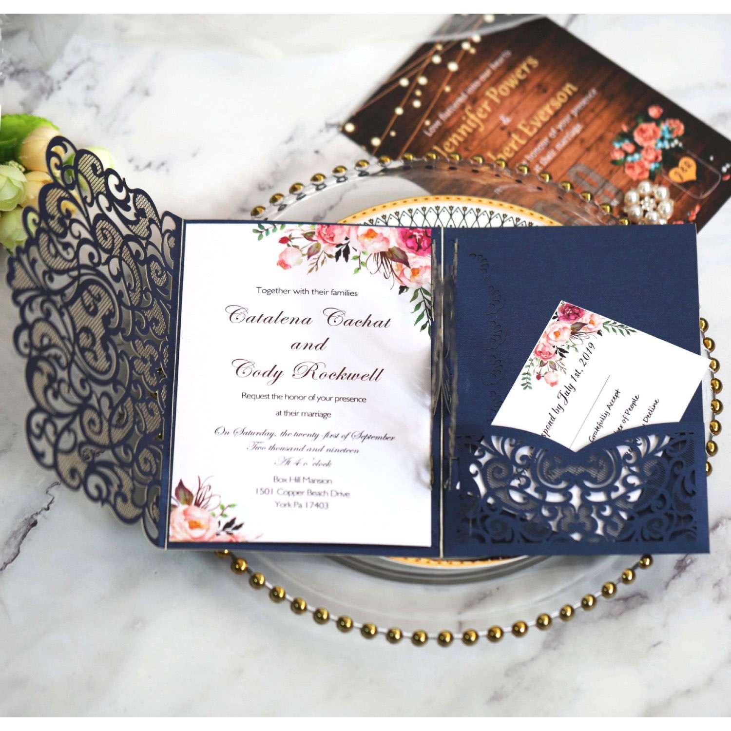 3D Wedding Invitation Card Dark-blue Laser Cut Paper